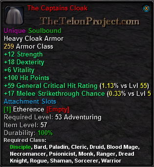 In-game tooltip for The Captains Cloak
