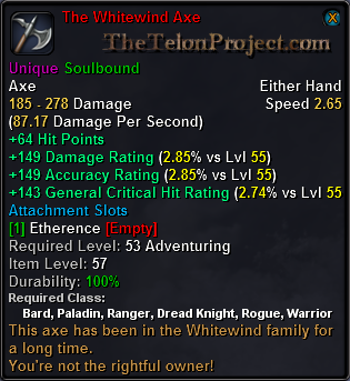 In-game tooltip for The Whitewind Axe