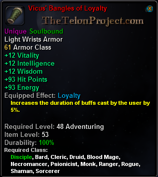 In-game tooltip for Vicus' Bangles of Loyalty