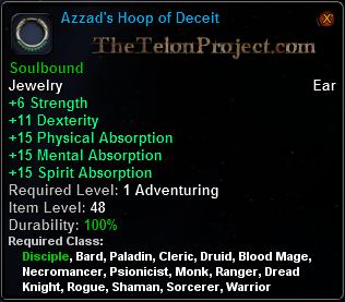In-game tooltip for Azzad's Hoop of Deceit