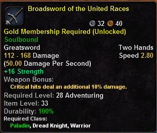 In-game tooltip for Broadsword of the United Races