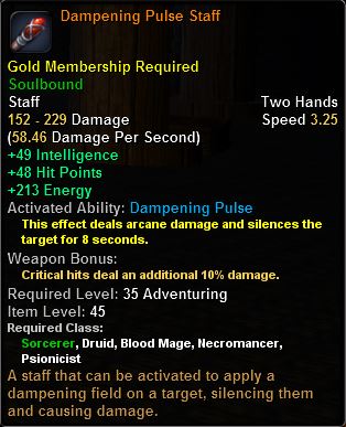 In-game tooltip for Dampering Pulse Staff