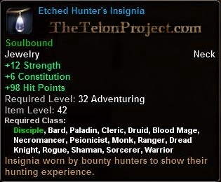 In-game tooltip for Etched Hunters Insignia