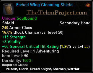 In-game tooltip for Etched Wing Gleaming Shield