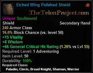 In-game tooltip for Etched Wing Polished Shield