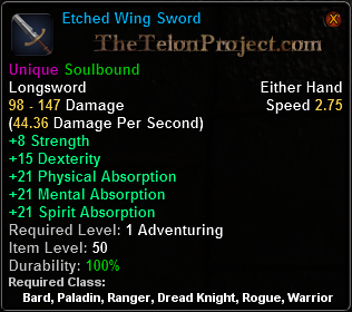 In-game tooltip for Etched Wing Sword