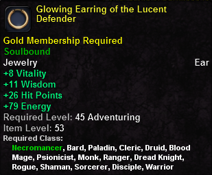 In-game tooltip for Glowing Earring of the Lucent Defender