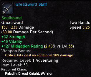 In-game tooltip for Greatsword Staff