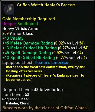 In-game tooltip for Griffon Watch Healer's Bracers