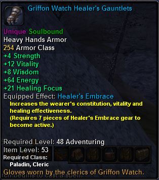 In-game tooltip for Griffon Watch Healer's Gauntlets
