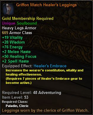 In-game tooltip for Griffon Watch Healer's Leggings