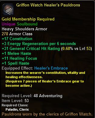 In-game tooltip for Griffon Watch Healer's Pauldrons