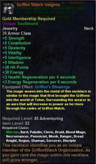 In-game tooltip for Griffon Watch Insignia