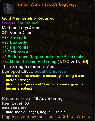 In-game tooltip for Griffon Watch Scout's Leggings