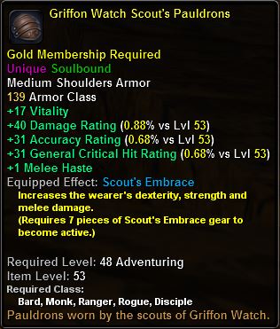 In-game tooltip for Griffon Watch Scout's Pauldrons