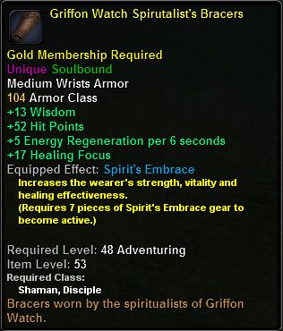 In-game tooltip for Griffon Watch Spiritualist's Bracers