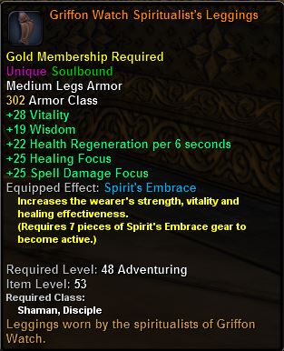 In-game tooltip for Griffon Watch Spiritualist's Leggings