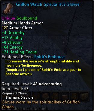 In-game tooltip for Griffon Watch Spirutalist's Gloves