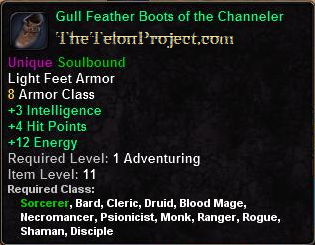 In-game tooltip for Gull Feather Boots of the Channeler