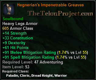 In-game tooltip for Hegnerian's Impenetrable Greaves