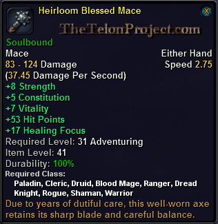 In-game tooltip for Heirloom Blessed Mace