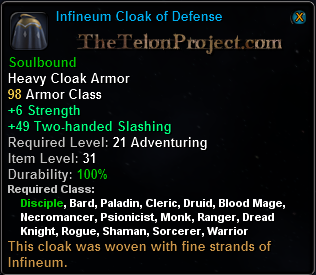 In-game tooltip for Infineum Cloak of Defence