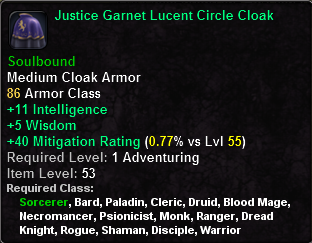In-game tooltip for Justice Garnet Lucent Circle Cloak