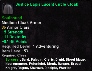 In-game tooltip for Justice Lapis Lucent Circle Cloak