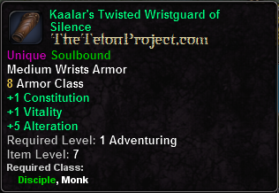 In-game tooltip for Kaalar's Twisted Wristguard of Silence