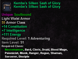 In-game tooltip for Kembe's Silken Sash of Glory
