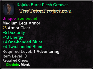In-game tooltip for Kojuko Burnt Flesh Greaves