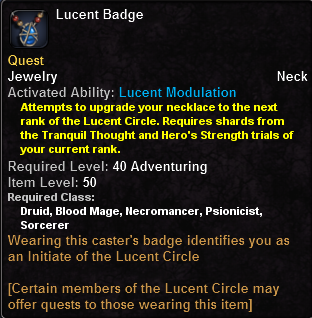 In-game tooltip for Lucent Badge (Caster)