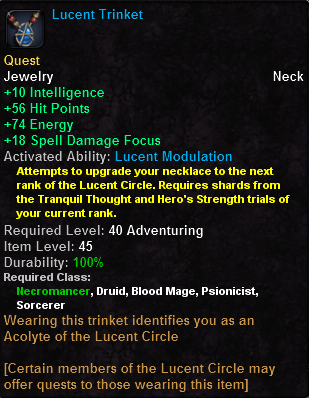In-game tooltip for Lucent Trinket (Caster)