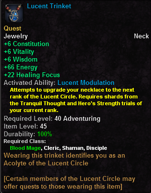 In-game tooltip for Lucent Trinket (Healer)