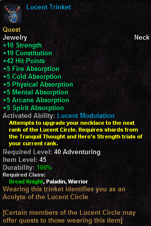 In-game tooltip for Lucent Trinket (Tank)