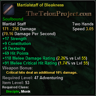 In-game tooltip for Martial Staff of Bleakness