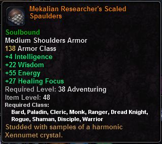 In-game tooltip for Mekalian Researcher's Scaled Pauldrons