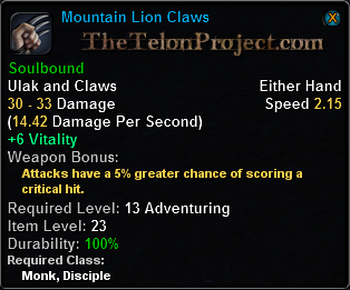 In-game tooltip for Mountain Lion Claws