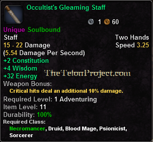 In-game tooltip for Occultist's Gleaming Staff