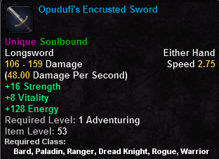 In-game tooltip for Opudufi's Encrusted Sword