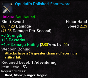 In-game tooltip for Opudufi's Polished Shortsword