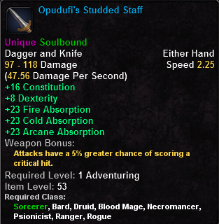 In-game tooltip for Opudufi's Studded Staff