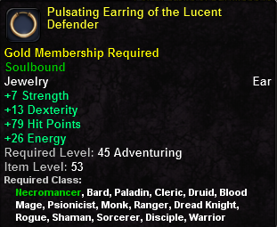 In-game tooltip for Pulsating Earring of the Lucent Defender