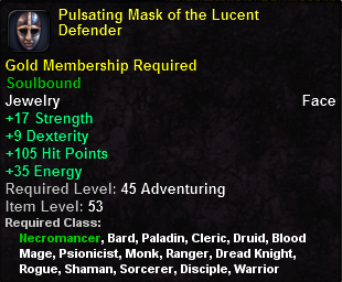 In-game tooltip for Pulsating Mask of the Lucent Defender