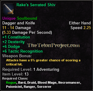 In-game tooltip for Rake's Serrated Shiv