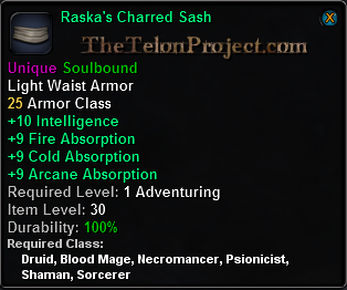 In-game tooltip for Raska's Charred Sash