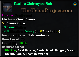 In-game tooltip for Raska's Clairvoyent Belt