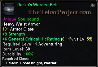In-game tooltip for Raska's Warded Belt