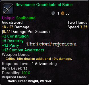 In-game tooltip for Revenant's Greatblade of Battle