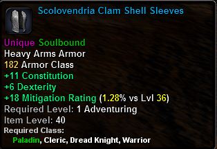 In-game tooltip for Scolovendria Clam Shell Sleeves